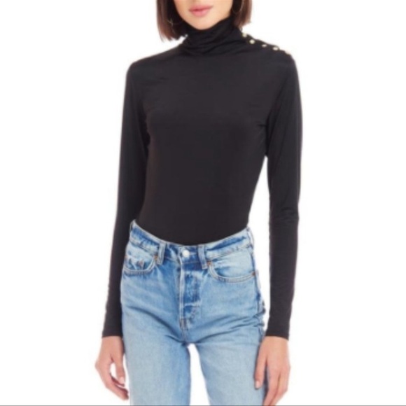 𝅺AMANDA UPRICHARD Black Elvin long sleeve bodysuit mock turtleneck gold snaps S - Picture 5 of 8